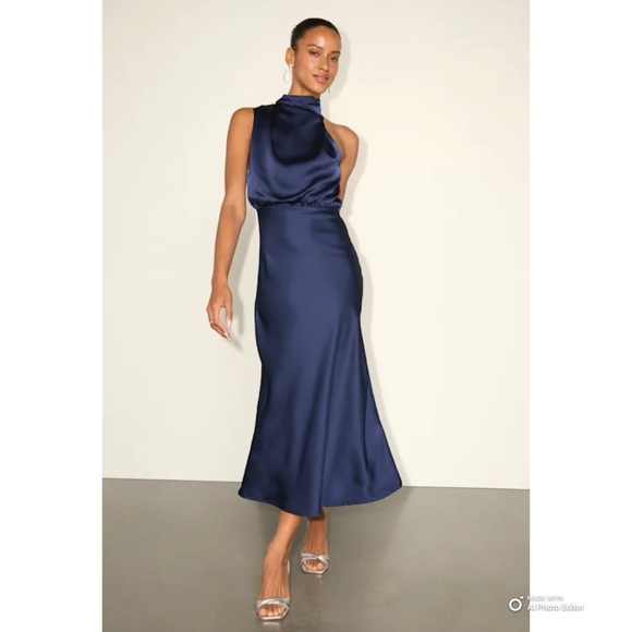 Lulus Size Medium Distinctive Charm Navy Blue Satin Asymmetrical Midi Dress NWT - Picture 1 of 17